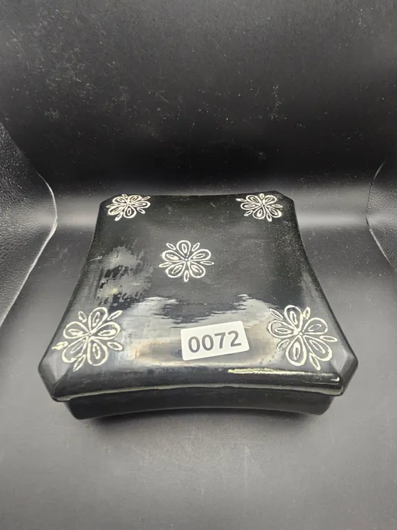 Black Ceramic Lidded Trinket Box with White Floral Design