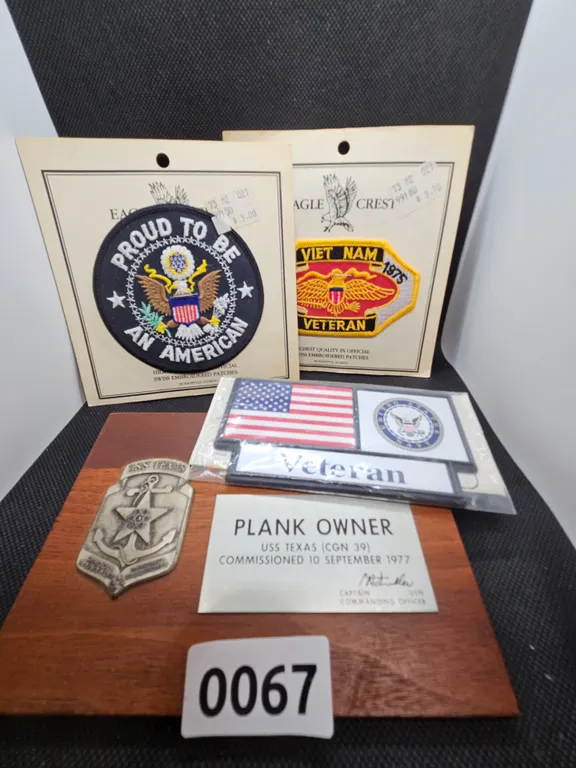 USS Texas CGN 39 Plank Owner Plaque and Military Patches