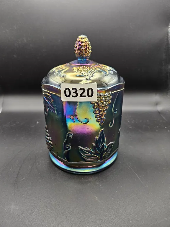 Carnival Glass Grapes Lidded Candy Dish