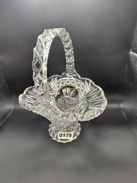 Cut Glass Pedestal Basket with Bird Motif