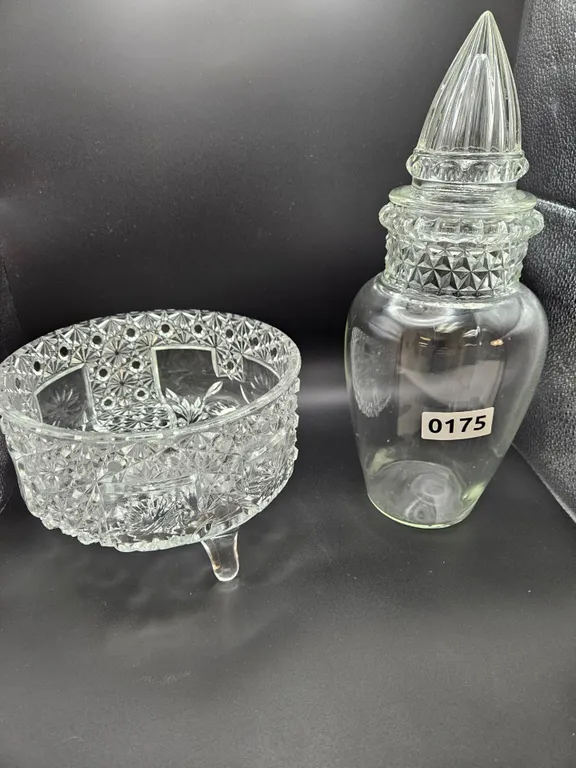 Footed Cut Glass Bowl and Patterned Glass Jar with Stopper