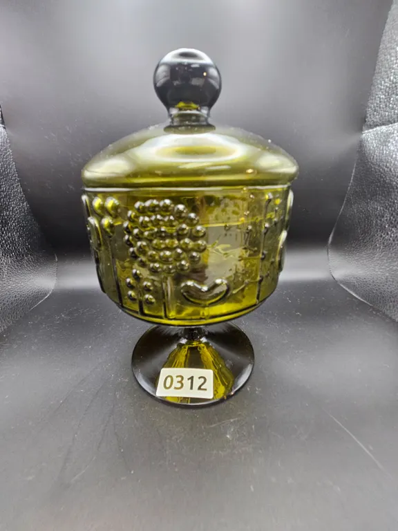 Green Glass Covered Candy Dish with Grape Motif