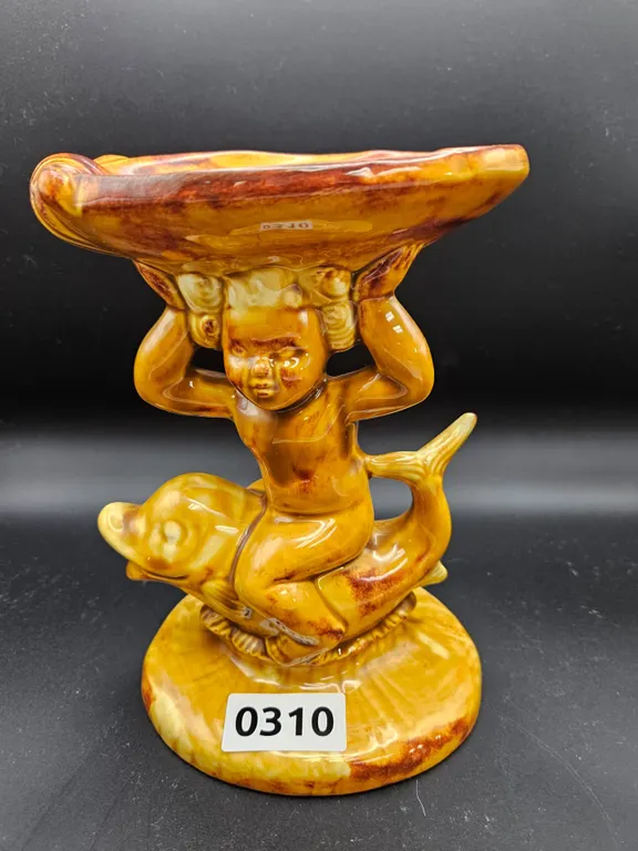 Vintage Embossed Pottery Cherub Dolphin Bowl