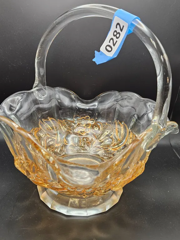 Iridescent Glass Basket with Grape and Leaf Motif