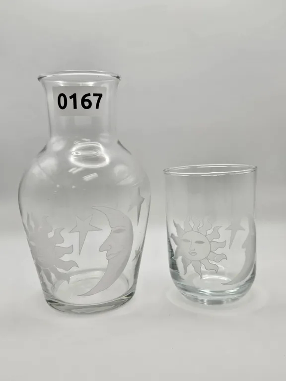 Glass Carafe and Tumbler Set with Sun and Moon Design