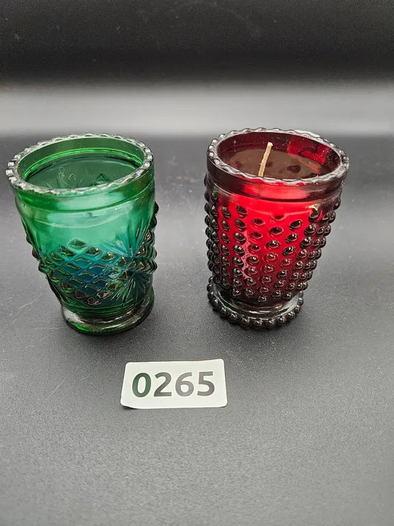 Two Pressed Glass Candle Holders, Green and Red