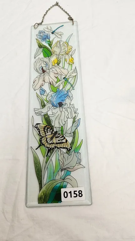 Glass Panel with Painted Irises and Butterfly