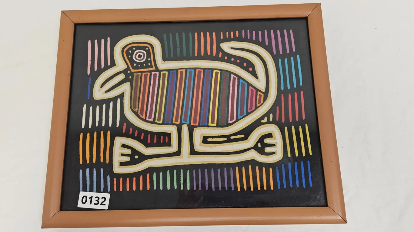 Framed Mola-Style Textile Art Bird