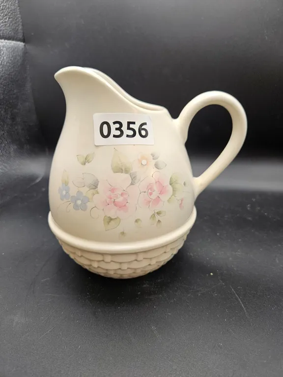 Ceramic Floral Pitcher with Basket Weave Base