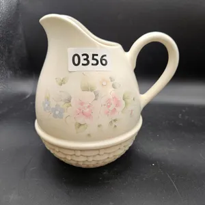 Ceramic Floral Pitcher with Basket Weave Base