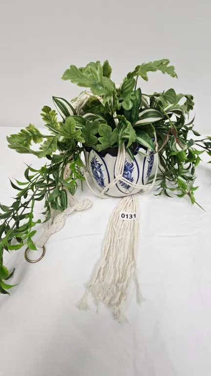 Hand Painted Portuguese Ceramic Hanging Planter with Artificial Plant