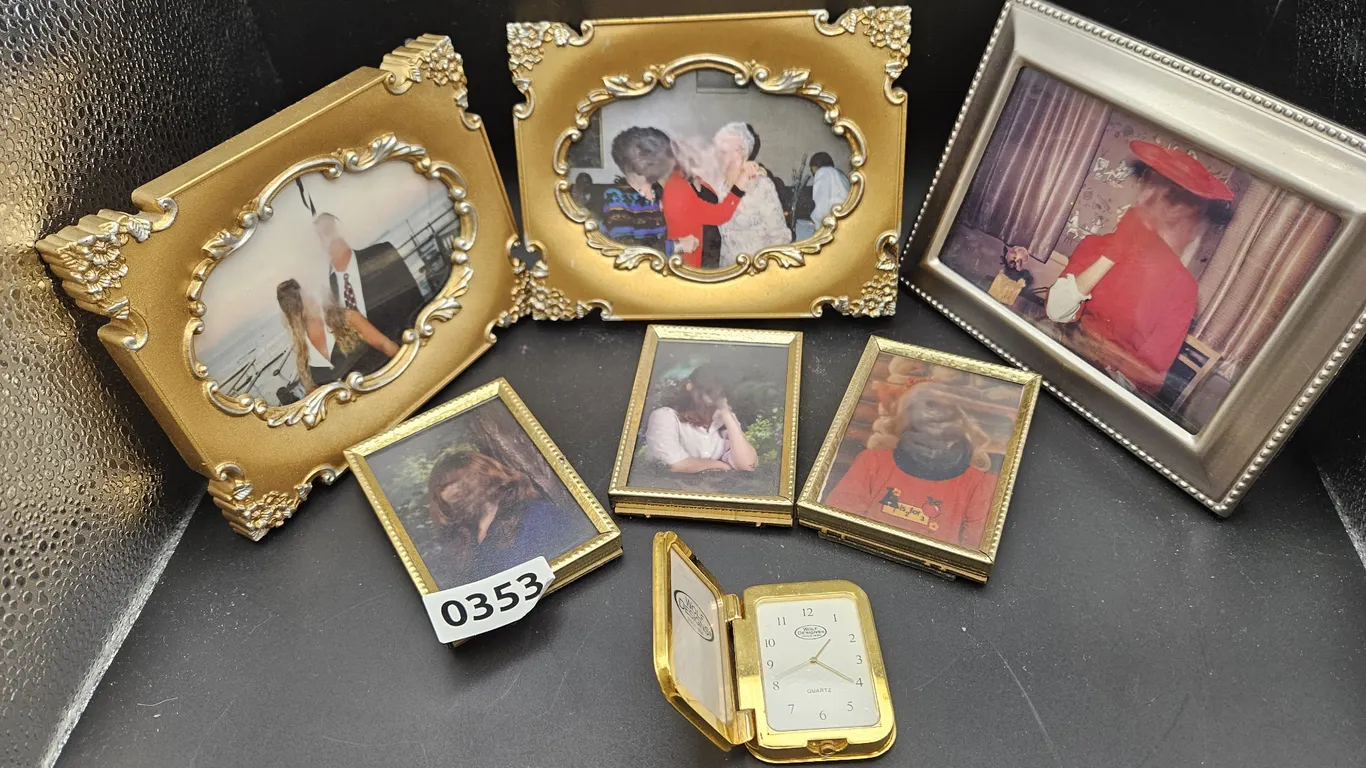 Assorted Gold Tone Photo Frames and Travel Clock