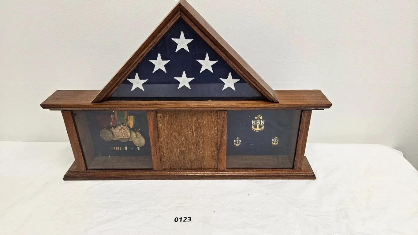 Wooden Flag and USN Military Memorabilia Display Case
