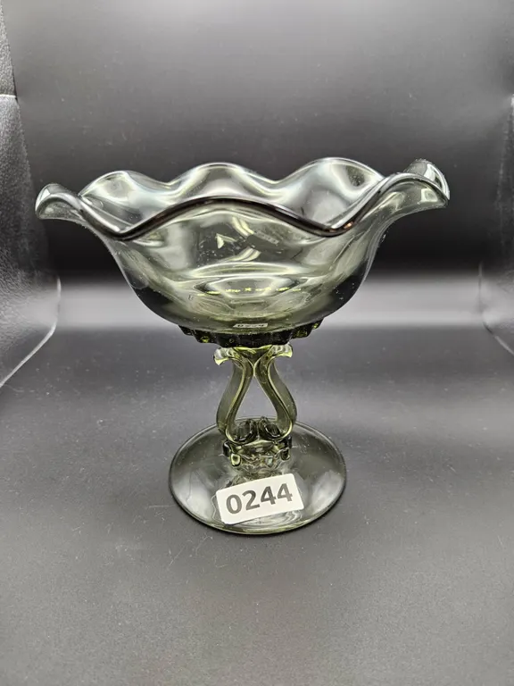 Vintage Green Glass Ruffled Compote Dish