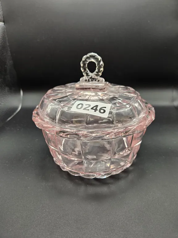 Pink Depression Glass Basket Weave Lidded Candy Dish