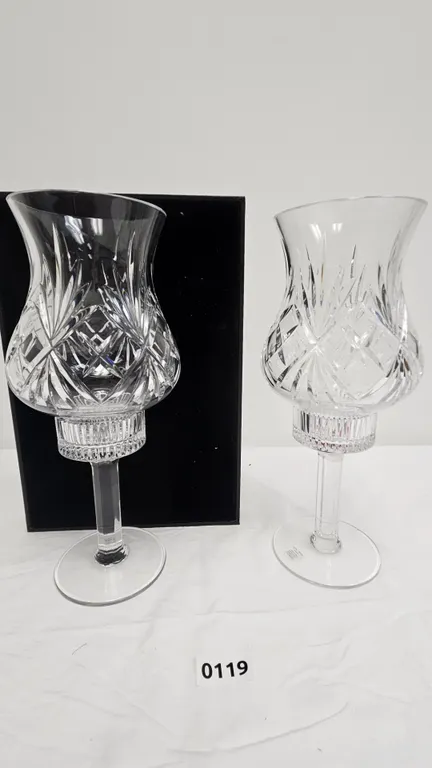 Pair of Royal Limited Handcut 24% Lead Crystal Hurricane Lamps