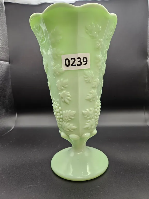 Green Milk Glass Grape and Vine Vase