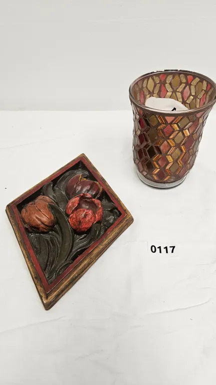 Carved Floral Plaque and Mosaic Glass Candle Holder