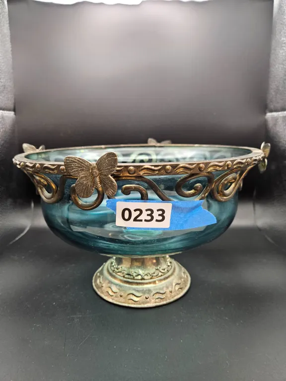 Blue Glass Butterfly-Decorated Bowl on Metal Stand