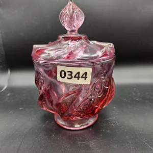 Cranberry Art Glass Covered Candy Dish