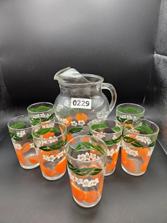 Vintage Glass Pitcher and Eight Tumblers with Orange Motif