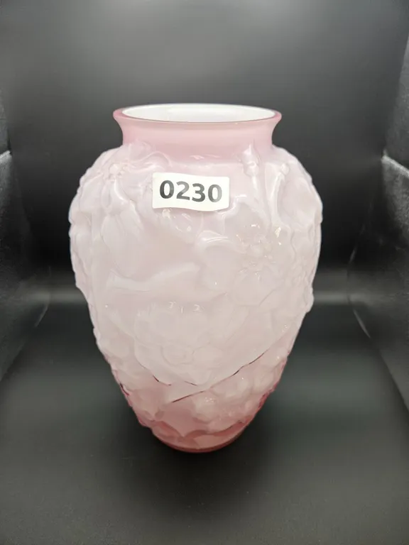 Pink Milk Glass Vase with Floral Relief