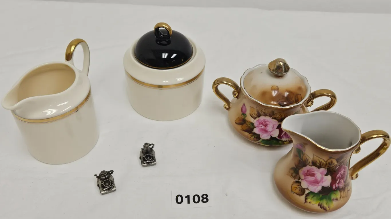 Mikasa and Floral Creamers and Sugar Bowls with Metal Figurines