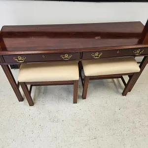 Mahogany Finish Vanity Desk with Two Stools