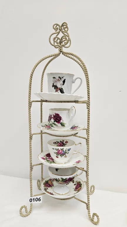 Assorted Bone China Teacups and Saucers with Display Rack