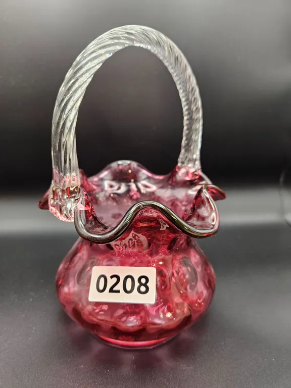 Cranberry Glass Basket with Clear Twisted Handle