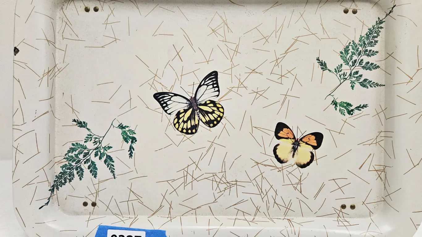 Vintage Metal Serving Tray with Butterflies