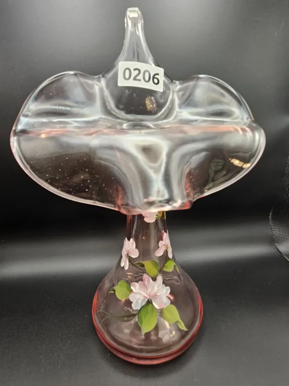 Fenton Hand-Painted Pink Glass Basket Vase