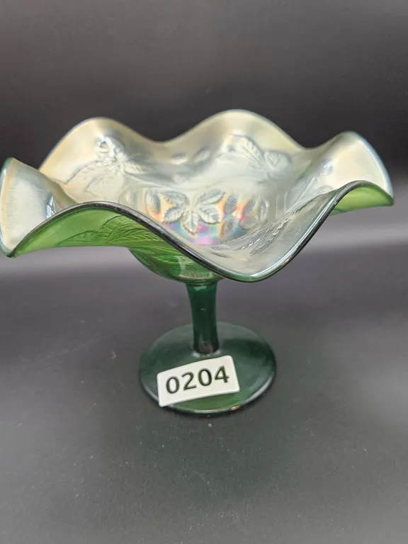 Green Iridescent Carnival Glass Pedestal Dish