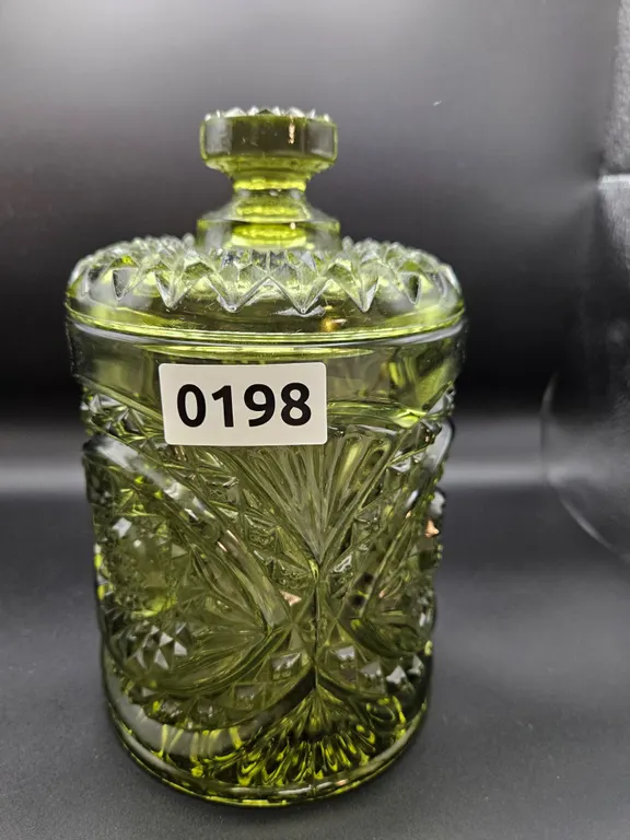 Green Pressed Glass Covered Candy Dish