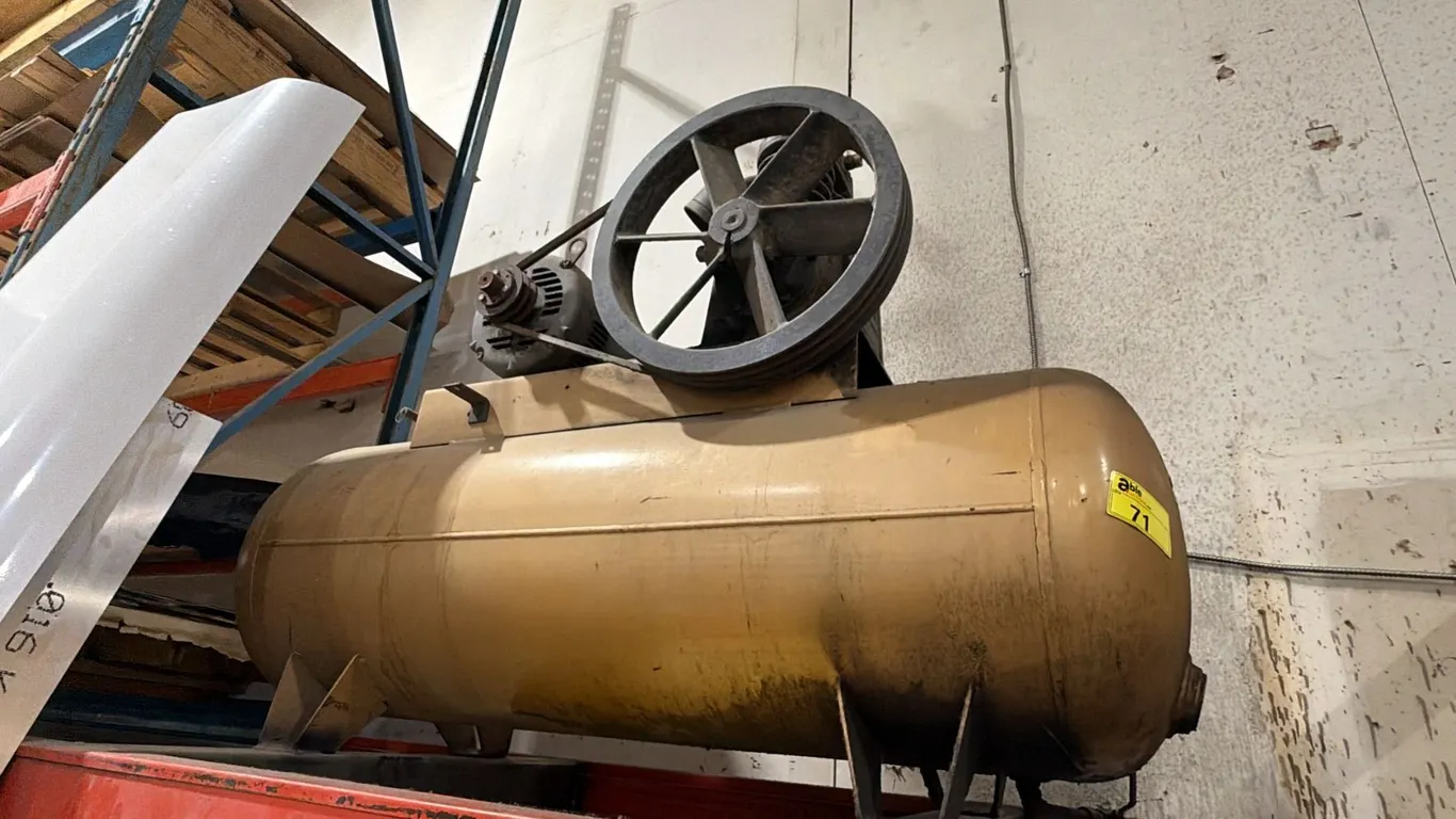 DEVILBISS 200 PSI AIR COMPRESSOR WITH ATTACHED RACKING APPROX 8FT X 42IN X 11FT