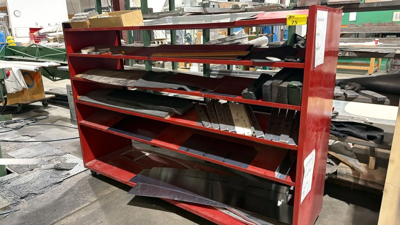 PORTABLE STEEL SHELVING UNIT WITH ASSORTED RUBBER & ALUMINUM CONTENTS APPROX 91IN X 25IN X 62IN