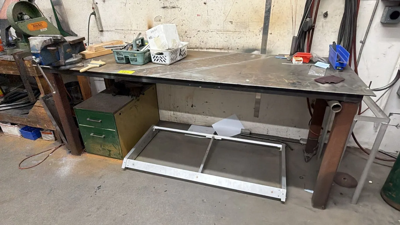 METAL WORK TABLE WITH ATTACHED SWORDFISH VISE, FILE CABINET & ASSORTED CONTENTS *MUST TAKE ALL*