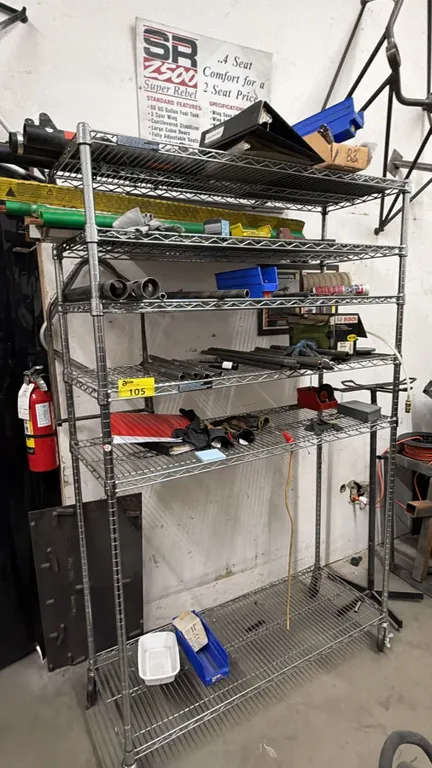 6-TIER METAL ROLLING RACK WITH ASSORTED CONTENTS INCLUDING; ALUMINUM RODS, BITS, GLOVES & MORE