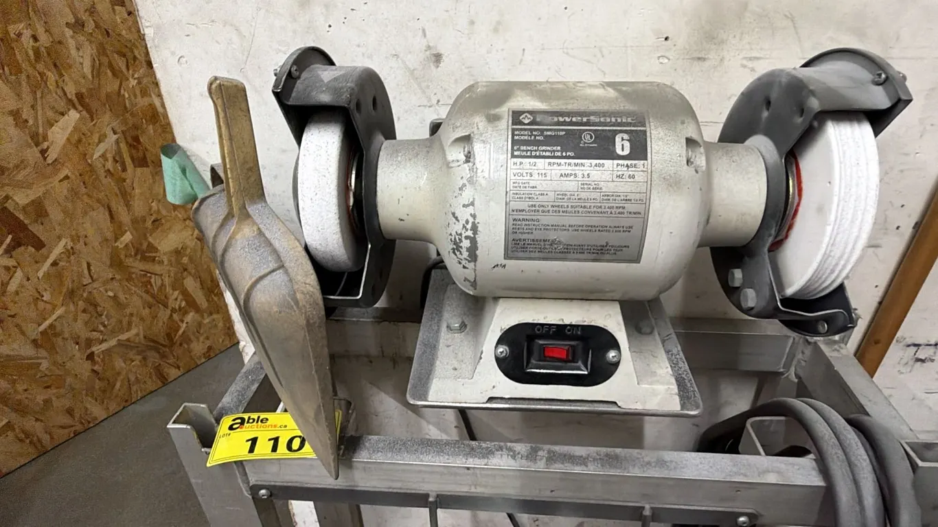 POWERSONIC SMG110P BENCH GRINDER & ALUMINUM STAND *GRINDER ATTACHED TO WALL, REQUIRES DISMANTLE*