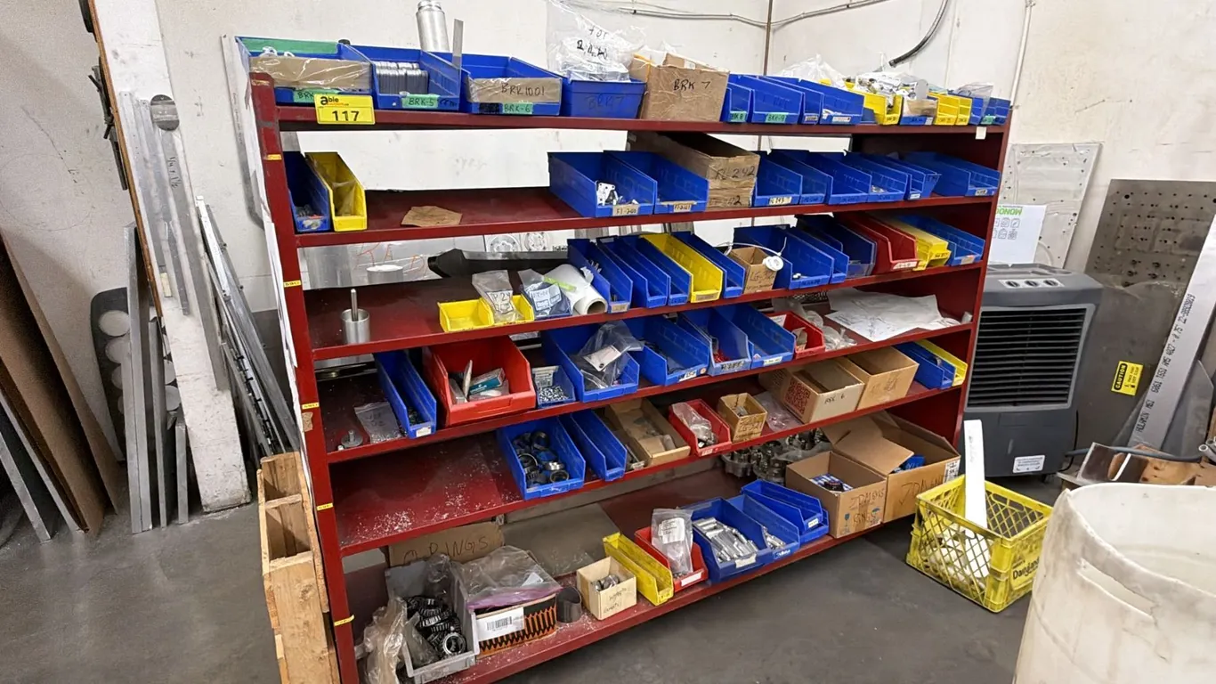 6-TIER METAL SHELVING UNIT WITH ASSORTED CONTENTS INCLUDING; ALUMINUM PARTS, BITS, CLAMPS & MORE