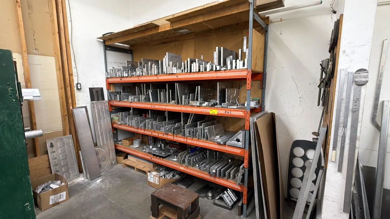 SECTION OF PALLET RACKING WITH ASSORTED ALUMINUM FABRICATION MOLDS CONTENTS *MUST TAKE ALL*