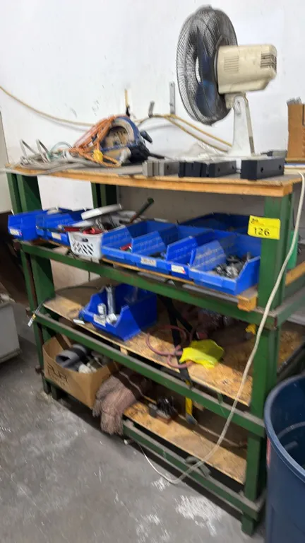 4-TIER STEEL SHELVING UNIT WITH ASSORTED HAND TOOLS, BITS, ALUMINUM & MORE CONTENTS *MUST TAKE ALL*