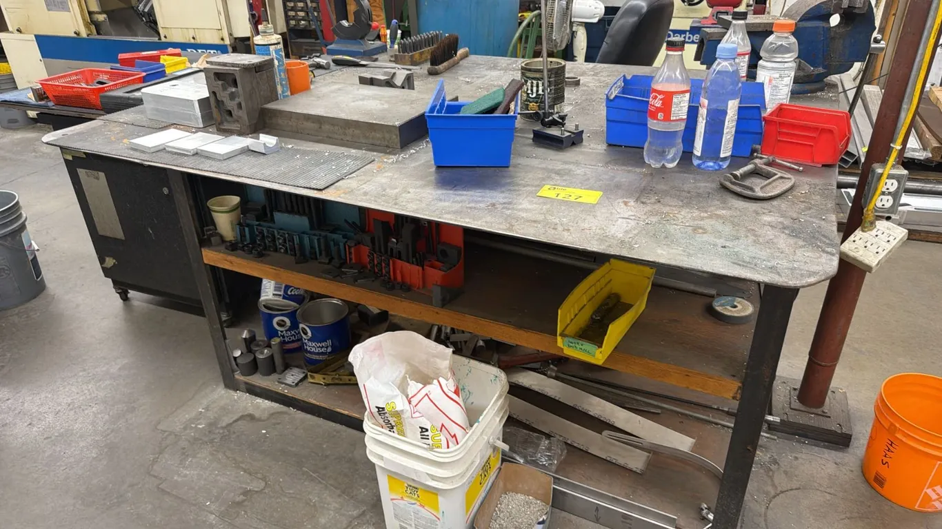 3-TIER METAL WORK BENCH WITH ATTACHED VISE, PRECISION TOOLS SLAB, ALUMINUM PIECES & MORE
