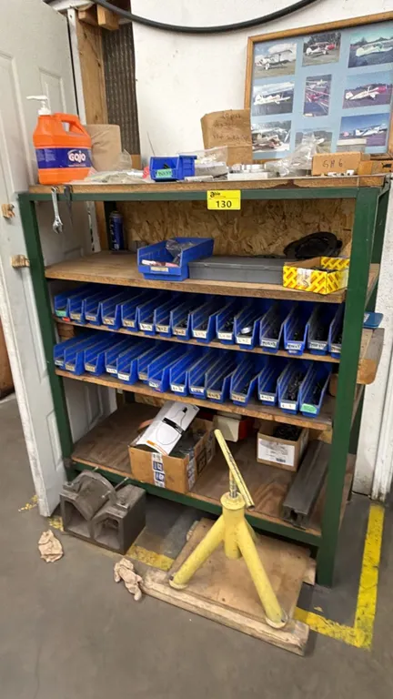 5-TIER STEEL SHELVING UNIT WITH ASSORTED CONTENTS INCLUDING; HARDWARE, PIPE JACK, HAND CLEANER &