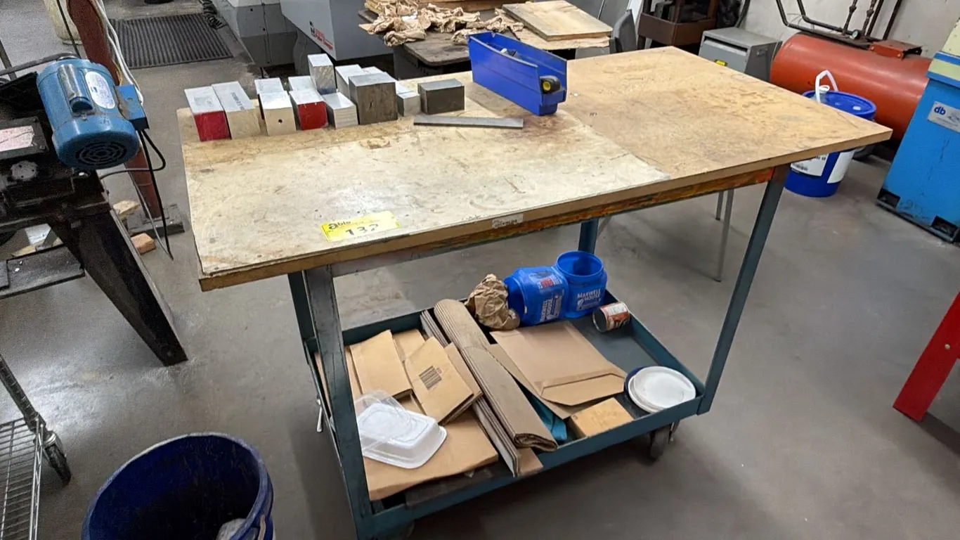PORTABLE 2-TIER WORK TABLE WITH ASSORTED CONTENTS INCLUDING; ALUMINUM BLOCKS, HAND TOOLS & MORE
