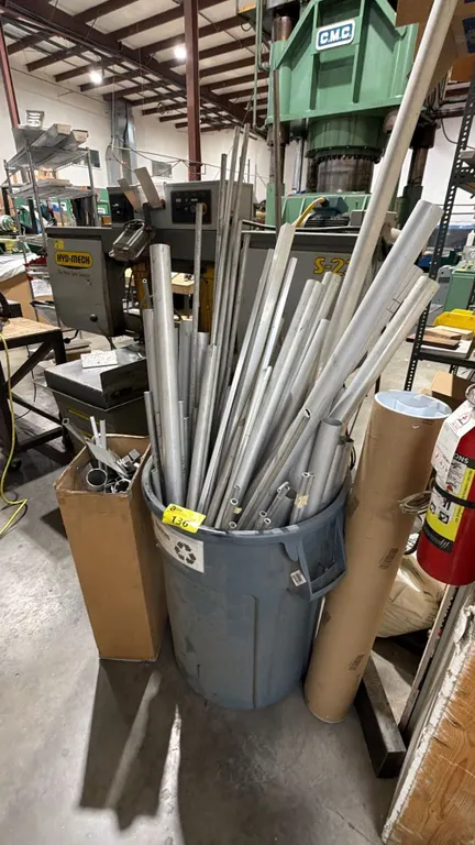 BIN & BOX OF ASSORTED ALUMINUM PIPES, RODS, PANELS & MORE