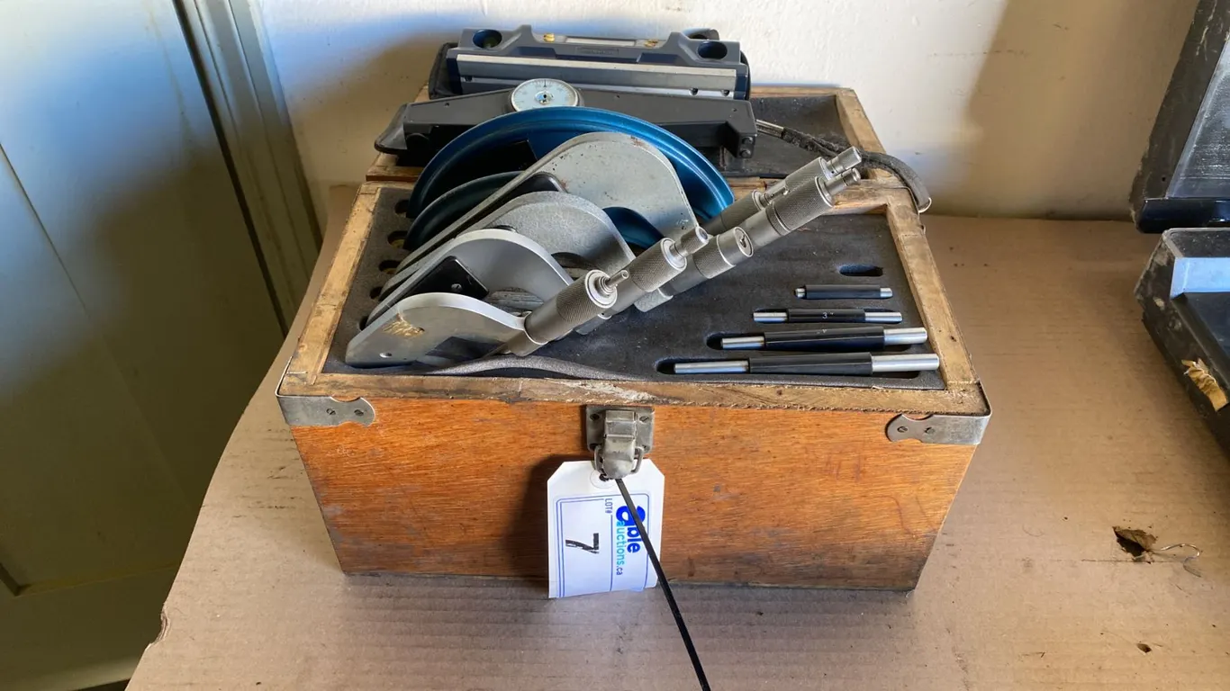 PARTIAL MICROMETER SET WITH WOOD CASE, LASER LEVEL AND POSITEST GAUGE