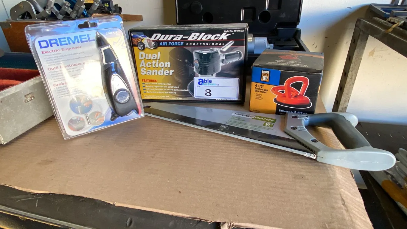 GROUP OF 4 NEW TOOLS - DUAL-ACTION AIR FORCE PROFESSIONAL SANDER, DREMEL ELECTRIC ENGRAVER,