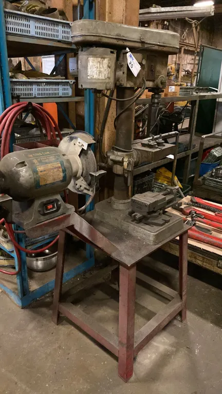 ASHINA BENCH DRILLING MACHINE, MACHINIST VISE AND KING CANADA 8" BENCH GRINDER