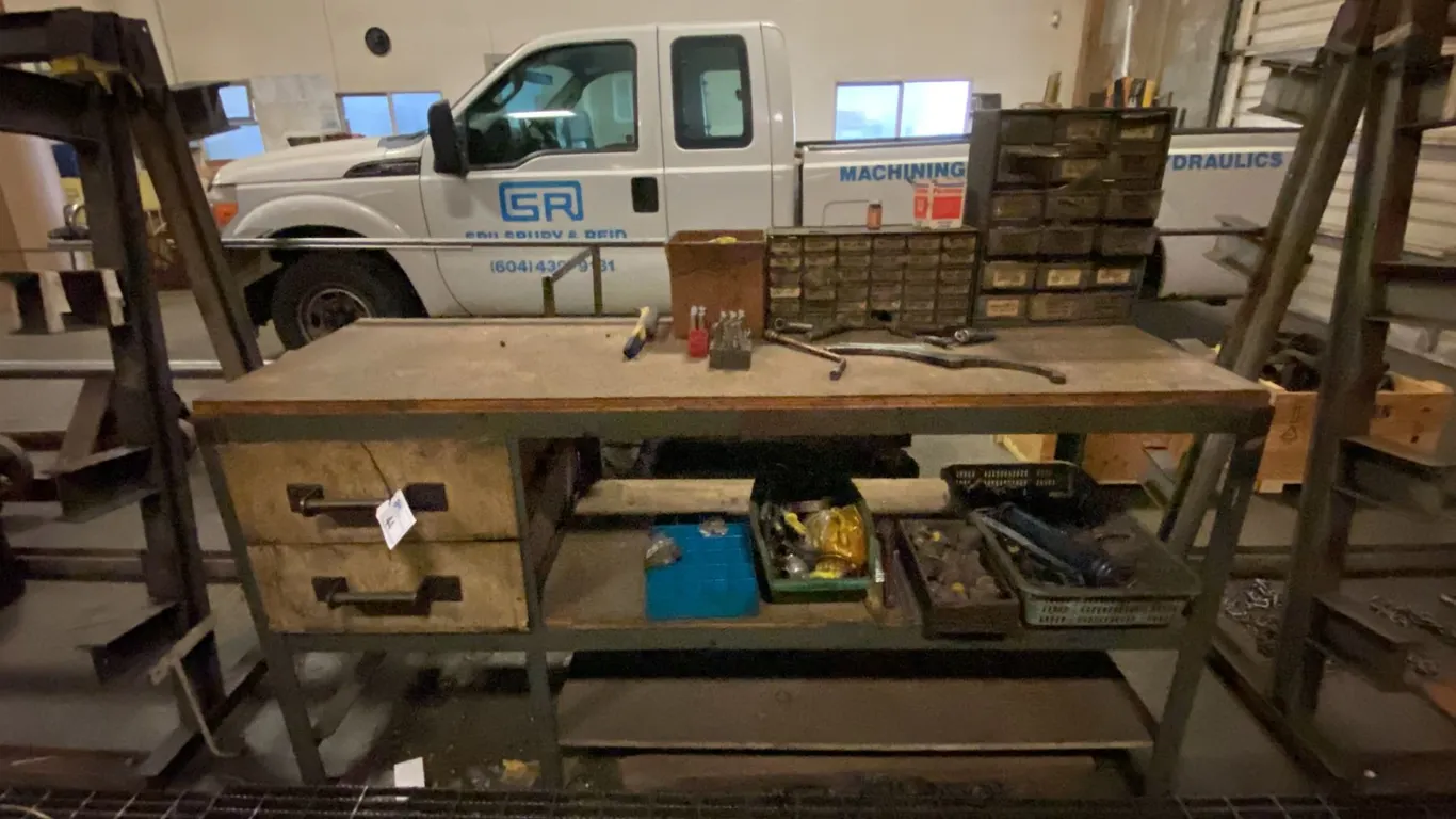 STEEL FRAMED WITH WOOD TOP WORK TABLE AND CONTENTS - FITTINGS, HARDWARE, PUNCH SETS, PARTS
